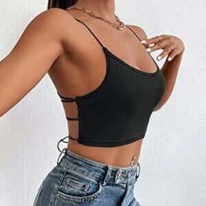 🏈 Shein EUC Backless Lace Up Sleeveless Halter Cami Top 8-10 Medium black